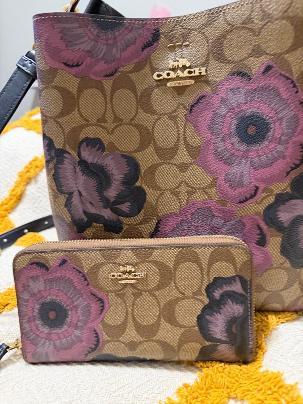 Coach Brown Signature Floral Tote and Wallet in Pink and Black